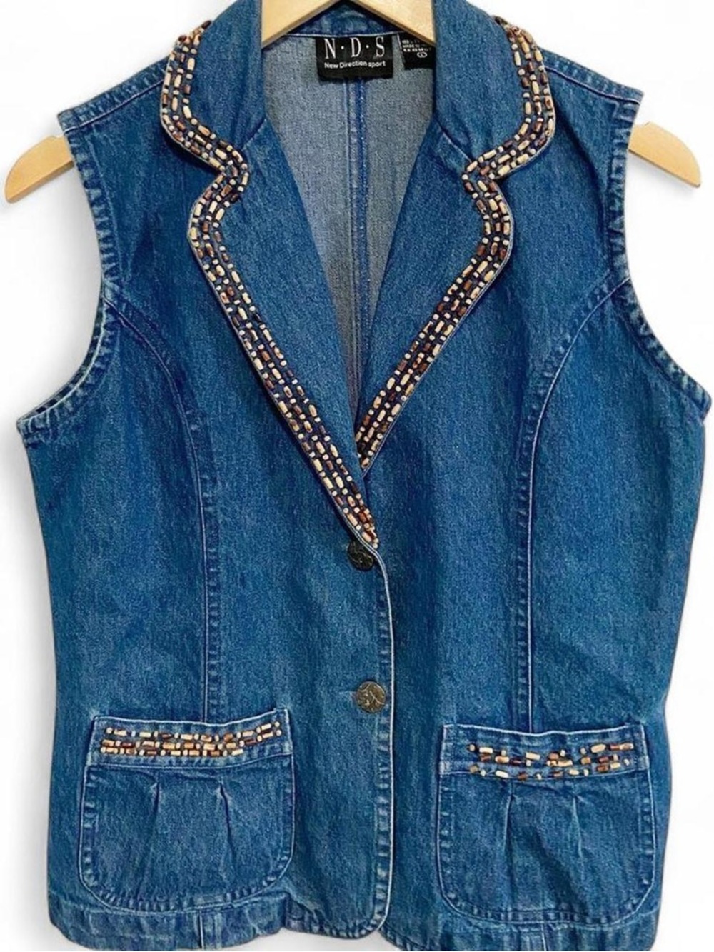 Vintage Denim Beaded Trim Pockets Vest